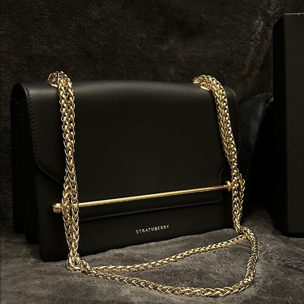 Strathberry Black Crossbody with Gold Chain